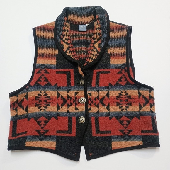 Ivy Jackets & Blazers - Vtg IVY Wool Blend Aztec Country Western Red Gold Vest Large